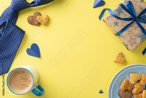 Homemade breakfast for Father's Day: Top view of plate of fresh cookies, cup of hot chocolate, hearts, accessories, necktie, and giftbox on yellow background with empty frame for ad or slogan