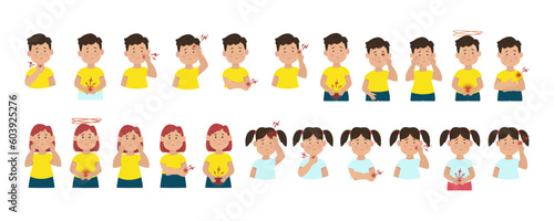 Kid diseases, pain and inflammation in children, vector flat illustration. A sick child. Infectious and viral illness.