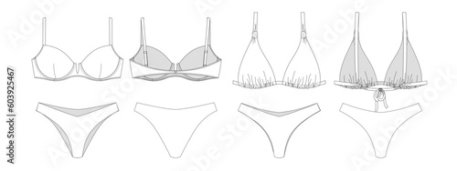 "Hand drawn woman swimwear, technical vector drawing, template, sketch, flat, mock up. Recycled PA, Recycled PES, Lycra fabric bikini front view, white color"	