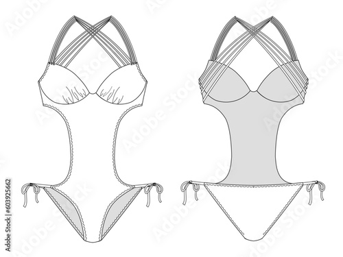 Woman sustainable swimwear, technical drawing, template, sketch, flat, mock up. Recycled PA, Recycled PES, Lycra fabric swimwear front and back view, white color