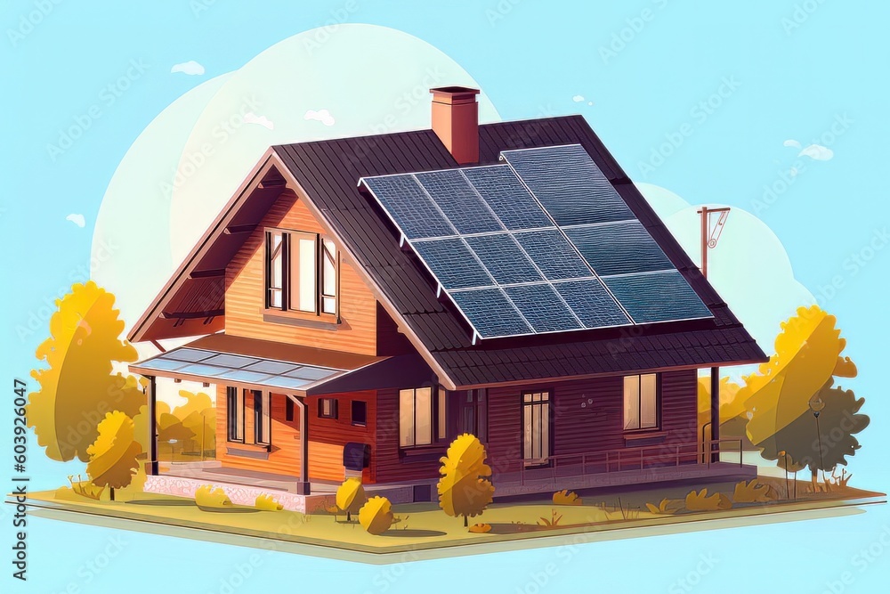 Illustration solar photovoltaic panels on the roof of a modern house on a blue sky background. Energy saving concept. Alternative green energy. AI generated.