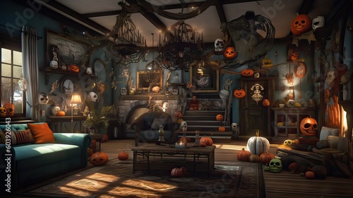 A living room designed with Halloween decorations, featuring skeletons, pumpkins, and other typical adornments, generative ai