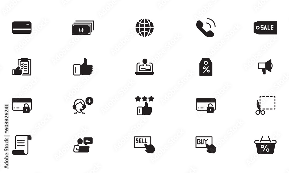 Online shopping application Interface related icon set. Black, solid, glyph icon set Website sign. vector illustration