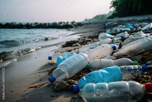 Urgent Global Problem Of Plastic Bottles Littering Beach, Harming Ecosystems - Generative AI © FotoIdee