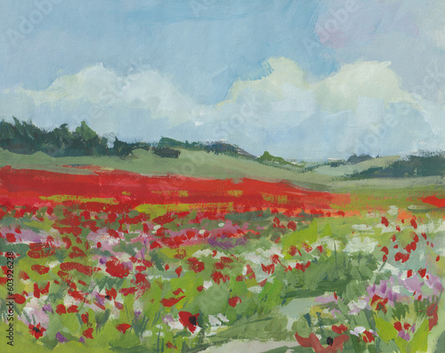 Poppy field gouache painting. Summer landscape with red flowers on the background of mountains. Original author's painting, illustration for notebooks, sketchbooks, albums for creativity. Plein air