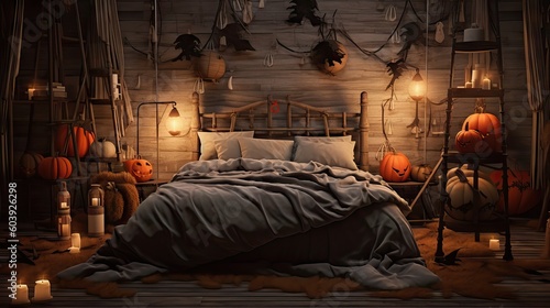 A bedroom designed with Halloween decorations, featuring skeletons, pumpkins, and other typical adornments, generative ai