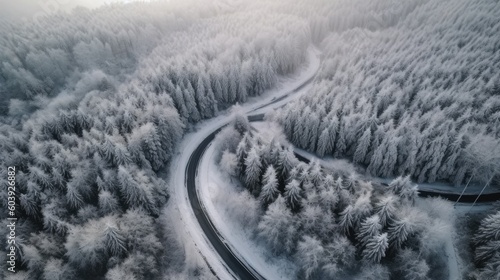 Winding road in snowy forest in winter. Aerial view. Generative ai © Алина Бузунова