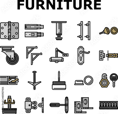 hardware furniture equipment icons set vector. metal construction, steel element, silver tool, screw bolt, wood home, house repair hardware furniture equipment color line illustrations