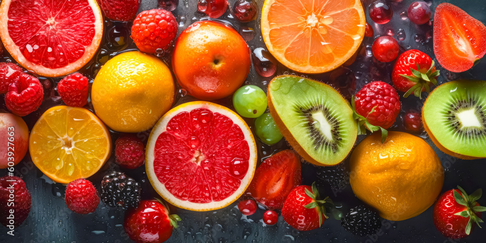 Top down view on Fresh berries and fruits, Summer background. Generative AI Top down view on Fresh berries and fruits, Summer background. Generative AI