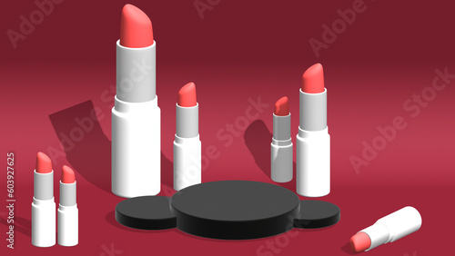 3d realistic natural lipstick on pink podium design template of fashion cosmetics product