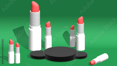 3d realistic natural lipstick on pink podium design template of fashion cosmetics product