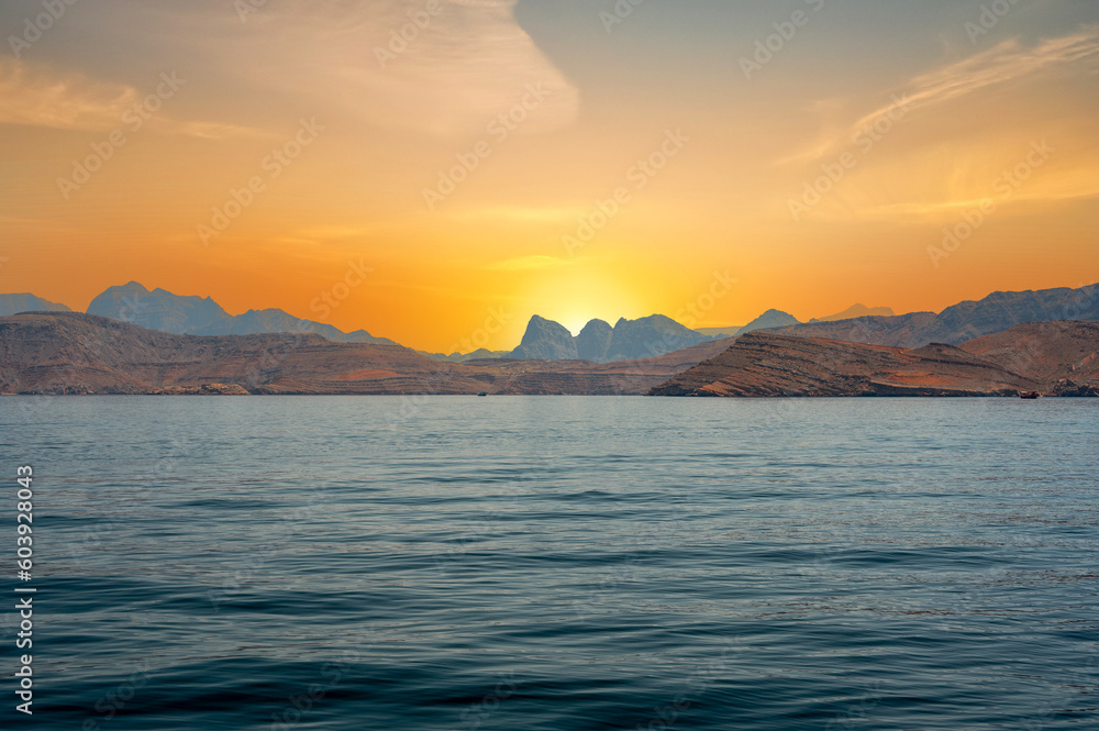 Sunset in Sinai Mountains, Oman. panorama of Sinai mountains on stunning sunset. colorful landscape. Wonderful solar Red Sea. Bible Landscape - Sinai And Red Sea