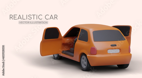 Cartoon 3d rendering car with open doors waiting for driver. City transport concept. Poster for automobile sales and rental company. Vector illustration in red colors