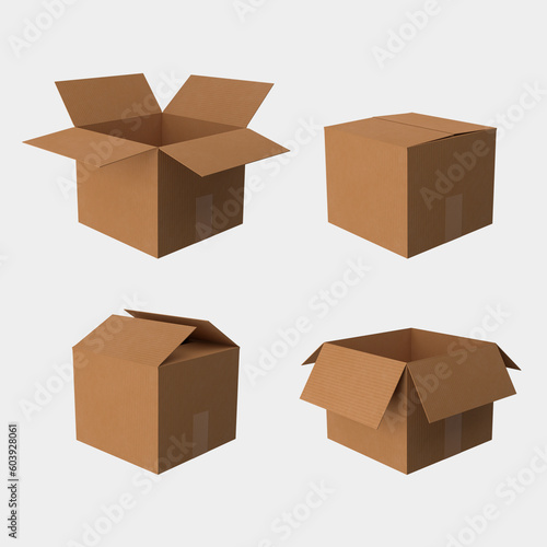 collection of realistic cardboard box illustration, isolated, 3d rendering