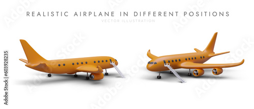 Realistic planes in different positions. Isolated colored 3D objects with shadows for live advertising. Airplane with steps is on ground, preparing for boarding of passengers