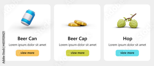 Beer website button template. Banner advertising beer containers, crown caps, ingredients. Colorful buttons view more. Vector templates with space for text description