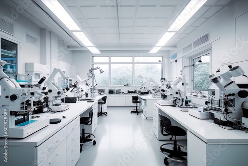 Bio laboratory with microscopes and equipment for the study of viruses and microorganisms. Generative AI

