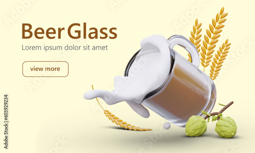 Draft beer in tilted glass mug. Horizontal banner template with colored 3D elements. Bulky ears of wheat, cones of hops, beer with white foam. Illustration on light yellow color with text