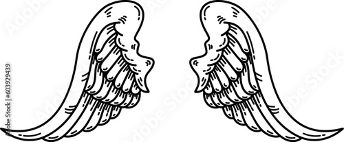 illustration of a pair of wings in black and white,  done in a tattoo-style. Angel wings. illustration of bird wings.