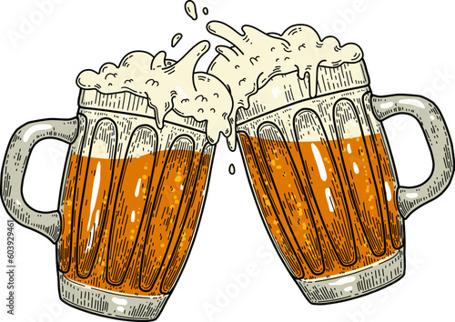 Two toasting beer mugs. Vintage beer mugs. For poster, menu, banner.