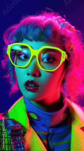 neon-punk style trendy fashion young model close-up portrait, ai tools generated image