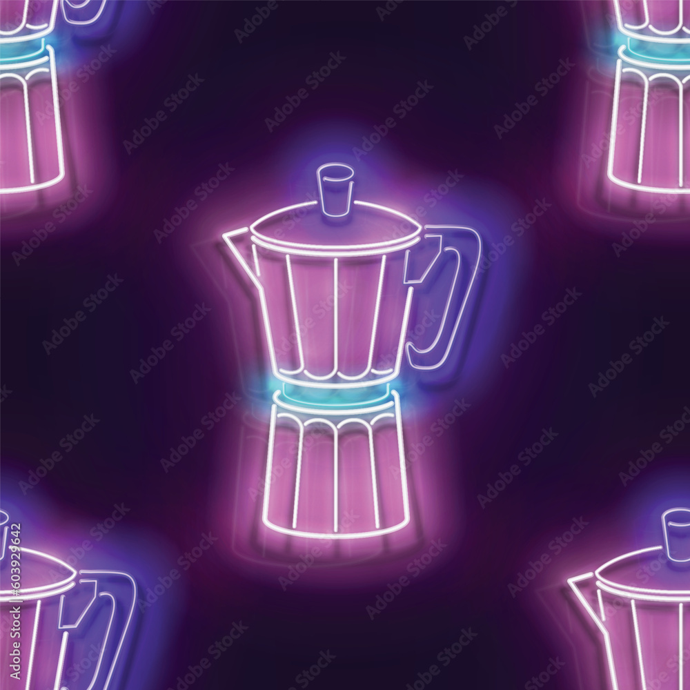 Seamless pattern with glow Geyser Coffee Maker. Cafe Label, Morning Drink. Neon Light Texture, Signboard. Glossy Background. Vector 3d Illustration 