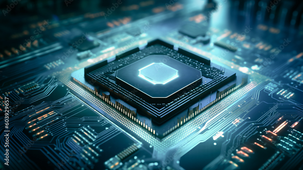 Illumination of the intricate details of a CPU adorned with mesmerizing blue lights, showcasing the beauty of technology and artificial intelligence in a captivating abstract background. Illumination of the intricate details of a CPU adorned with mesmerizing blue lights, showcasing the beauty of technology and artificial intelligence in a captivating abstract background.