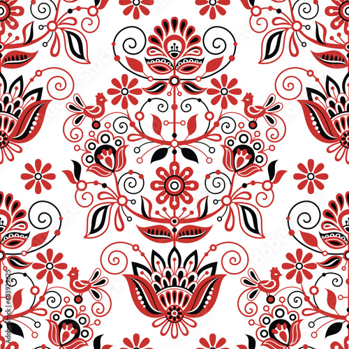 Seamless Pattern with Flower Inspired by Ukrainian Traditional Embroidery. Ethnic Floral Motif, Handmade Craft Art. Ethnic Design. Fabric Textile, Wrapping Paper, Wallpaper. Vector Illustration