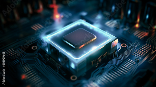 Illumination of the intricate details of a CPU adorned with mesmerizing blue lights, showcasing the beauty of technology and artificial intelligence in a captivating abstract background. 