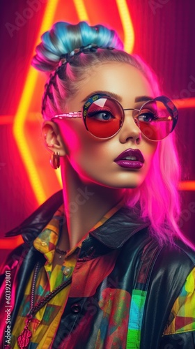 neon-punk style trendy fashion young model close-up portrait, ai tools generated image © whitehoune
