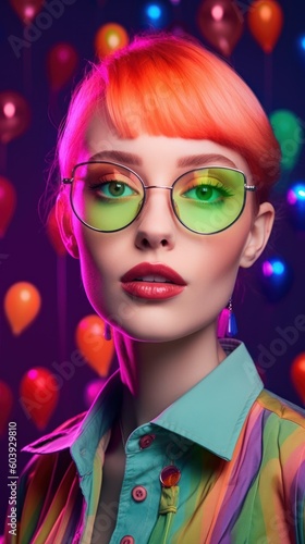 neon-punk style trendy fashion young model close-up portrait, ai tools generated image