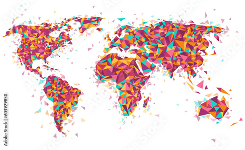 Abstract World map shape made of colorful polygons.