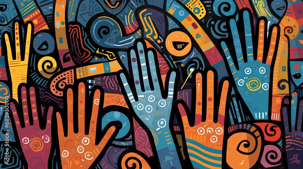 Obraz premium Abstract illustration of colorful hands representing a diverse personality concept. The beauty of individual differences, expressing the richness and variety of human characters. Generative AI