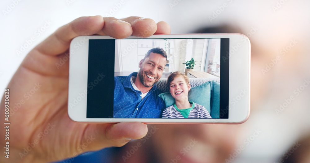 Happy father, child and smile in selfie, profile picture or social media post relaxing on sofa at home. Dad and kid smiling for photo, memory or online vlog together on living room couch in the house Happy father, child and smile in selfie, profile picture or social media post relaxing on sofa at home. Dad and kid smiling for photo, memory or online vlog together on living room couch in the house