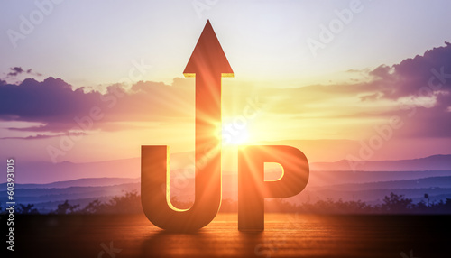 Fotografia Arrow rising up, sunrise and sun rising bright between upward arrow and UP and goal and growth success business concept