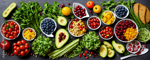 Healthy food clean eating selection: fruit, vegetable, seeds, superfood, cereal, leaf vegetable on gray concrete background. Healthy diet. Generative AI