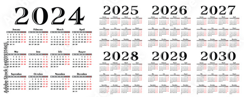 A set calendar templates for a year 2024 - 2030.
