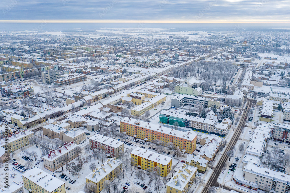 Suwalki, Poland - winter drone aerial photo - citycape, snowy landscape, cloudy moody day