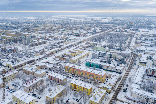 Suwalki, Poland - winter drone aerial photo - citycape, snowy landscape, cloudy moody day