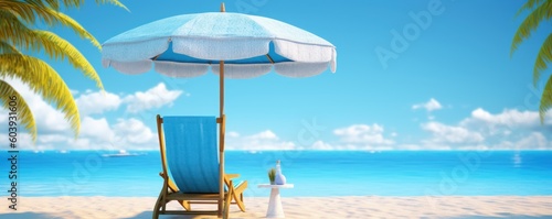 3D Summer Chair and umbrella on tropical beach background. Generative AI © CYBERUSS