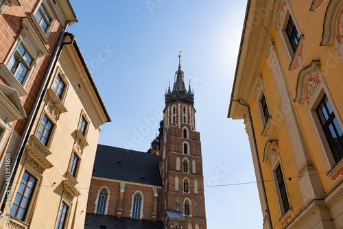 St. Mary's Basilica in Krakow, Poland, at the Main Market Square in the Old Town district of Cracow. Bazylika Mariacka or Kościół Mariacki Church, seen from the Floriańska street in Kraków.