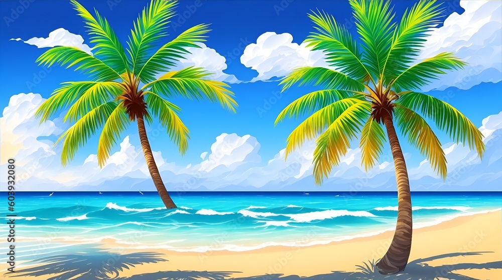 a Illustration of beach with coconut trees