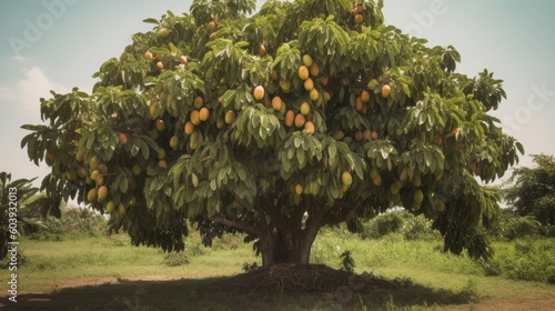 Mango Tree Abundantly Laden with Ripe  Succulent Fruits  A Detailed Exploration into the Exotic Euphoria of Tropical Indulgence Presented in a Modern 16 9 Viewing Format - Generative AI Illustration