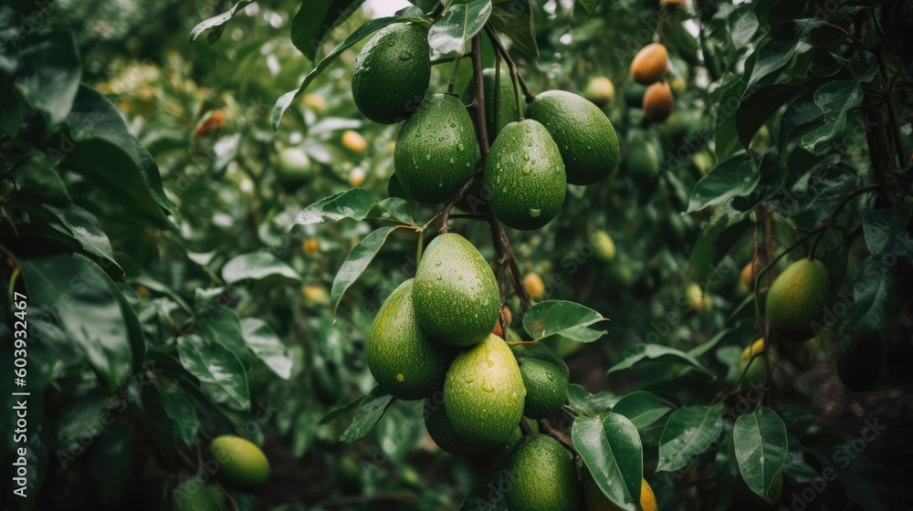 Avocado Tree Teeming with Lush Fruits: A Celebration of Tropical Harvesting and Bounty Unfolds in a Modern 16:9 Viewing Proportion - Generative AI Illustration