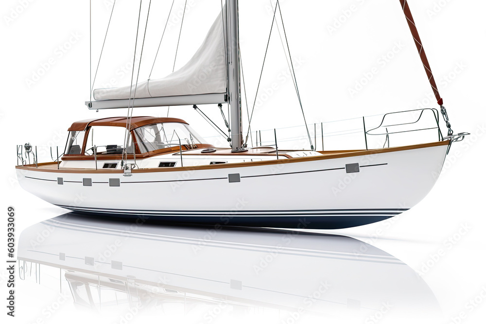 Obraz premium New big Sailing yacht on a white background with mirror reflection. Generative AI