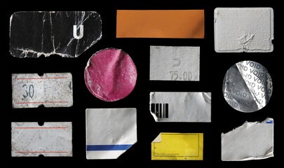 collection of blank old sticker, label, price tag template for mockup. isolated dirty, ripped, half peeled stickers