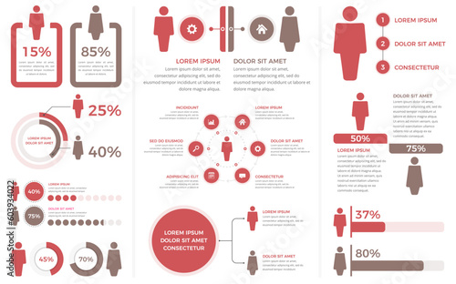 Demography infographic elements - diagrams, statistics, percents - set of templates with man and woman symbols