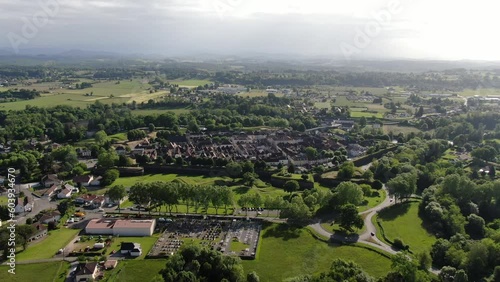 Aerial view covering the entire territory of Navarrenx, in the Pyrenean countryside in France