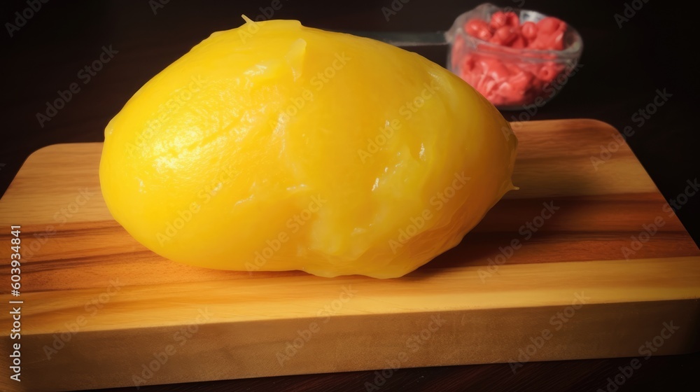 Graphic Illustration Featuring a Sizeable Piece of Yellow Fat Positioned on a Kitchen Cutting Board - Generative AI Illustration