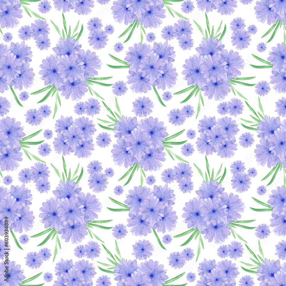 Hand drawn watercolor blue abstract daisy bouquet seamless pattern on white background. Gift-wrapping, textile, fabric, wallpaper.